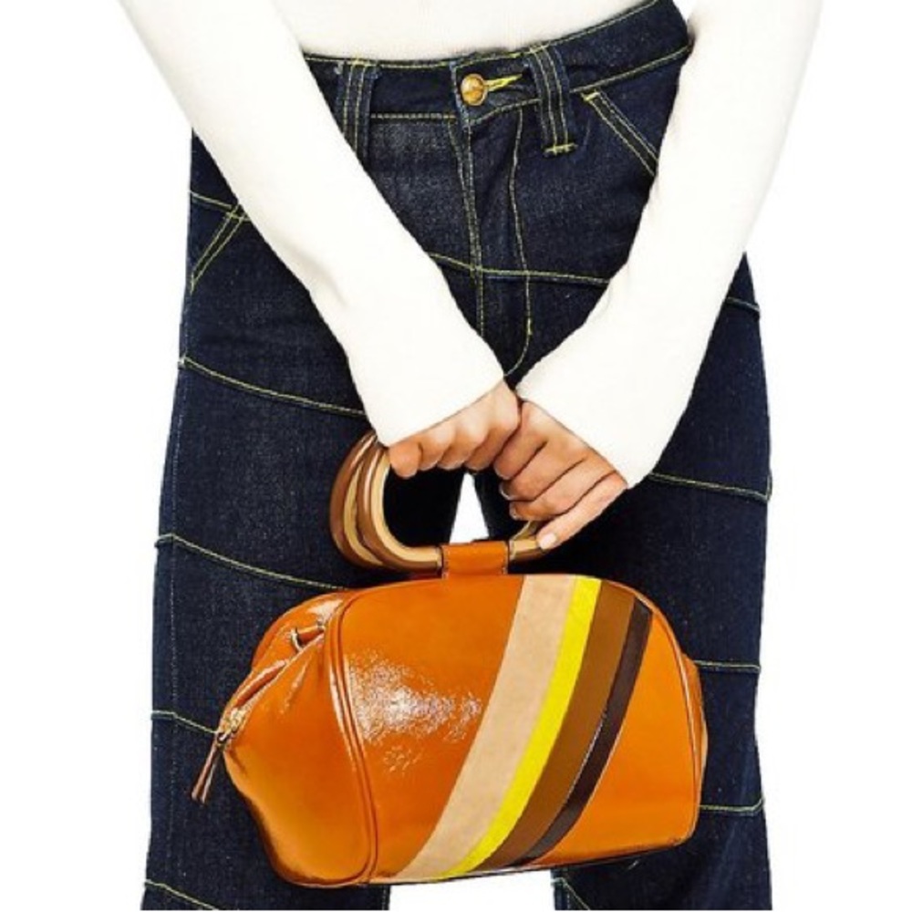 Tory Burch top handle bag stripe suede patent leather patchwork half moon